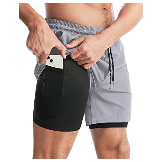 Aolesy Shorts de corrida masculinos 2 em 1, shorts esportivos de ginástica para treino, secagem rápida, leve, com bolsos, Cinza-claro, M