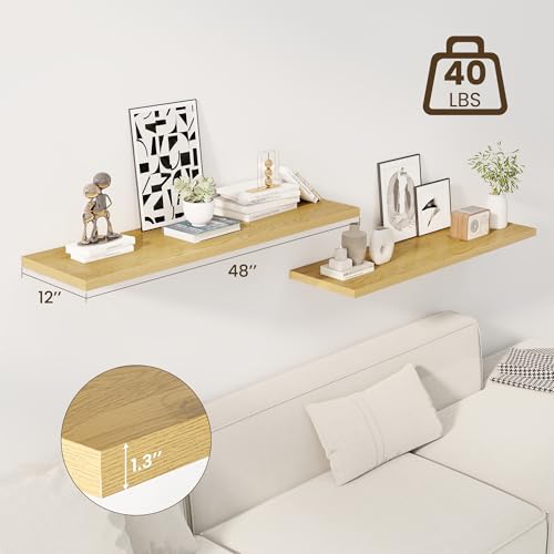 Image of Dreamland 48 inch Floating Shelves for Wall, 12 inch Deep Slim Oak Floating Shelves, Wall-Mounted Shelves for Bedroom, Living Room, Kitchen, Bathroom - Set of 2