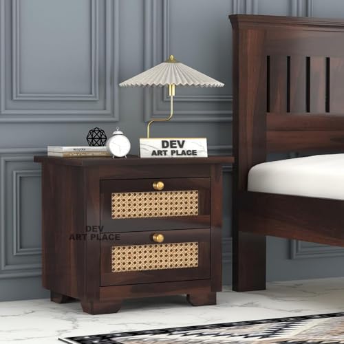 Image of Solid Sheesham Wood Bedside Table for Bedroom | Handmade Pure Wooden Bed Side Nightstand End Table with 2 Drawers Storage for Home & Bed Room | Rosewood, Walnut Finish