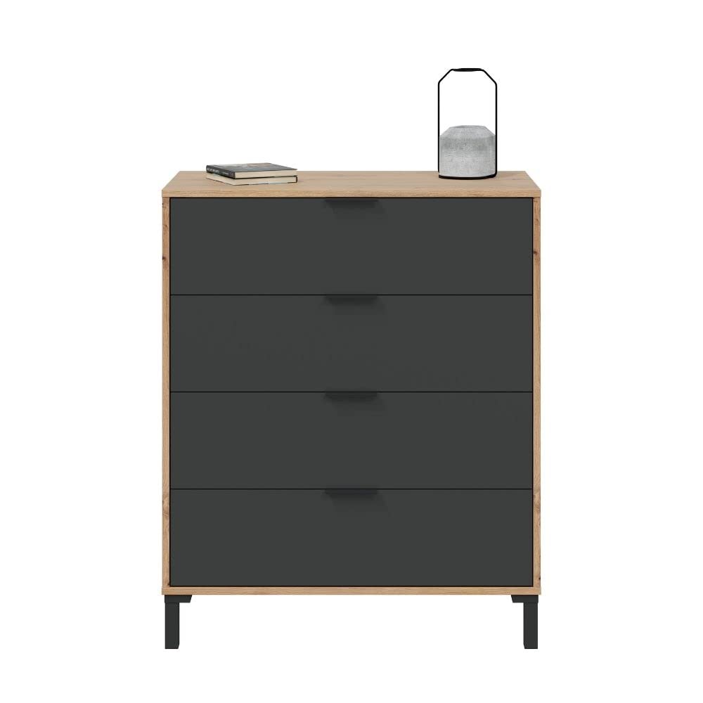 Mobelcenter, Conjunto Dormitorio Matrimonio Enzo, Color Roble Nodi y Gris Antracita, Cabezal para Camas de 135 y 150 cm, 2 Mesitas 3 cajones y Cómoda 4 cajones (1327, 1328)