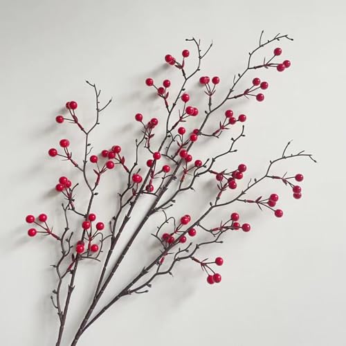 KYMY Artificial Red Berry Branch 27.5 Inch, Faux Winter Berry Stem for 2026 Chinese Vietnamese New Year Decorations, Realistic Holiday Floral Pick for Vase Table Home Party Decor
