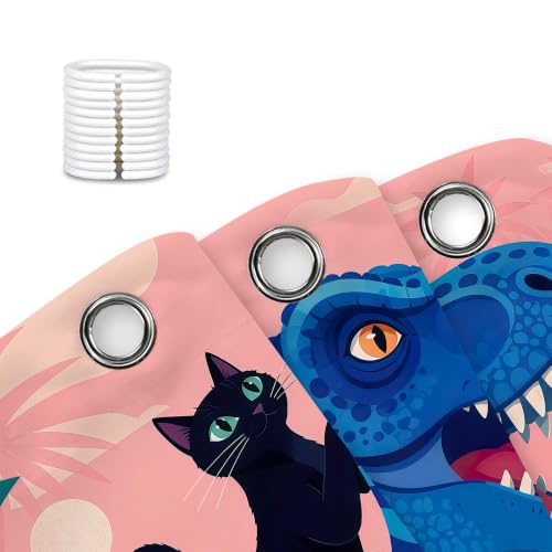 Image of Boziqr Funny Cat Riding Dinosaur Shower Curtain, Boys Kids Bathroom Decor | Tropical Pink Botanical Bath Curtain Set, Waterproof Polyester with 12PCS Hooks for Kids Teens Adults, 70 x 78 Inch