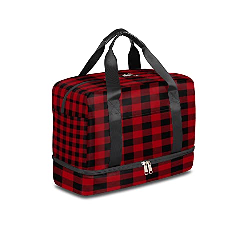 Buffalo Plaid Sports Gym Bag with Shoes Compartment,Classic Check Lattice Travel Duffel Bag for Men Women Boys Girls Teens Overnight Weekend Yoga Workout Bag Training Handbag