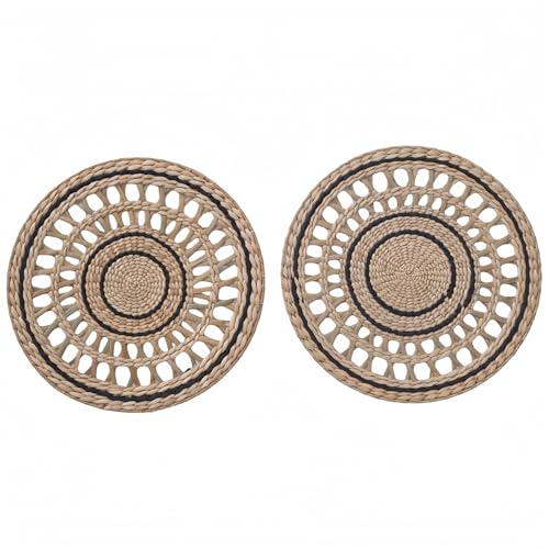 Deosur 2PCS Boho Woven Grass Wall Hanging & Tray – 35CM Handmade Round Wall Art for Living Room & Bedroom – Dual-Purpose, in Black