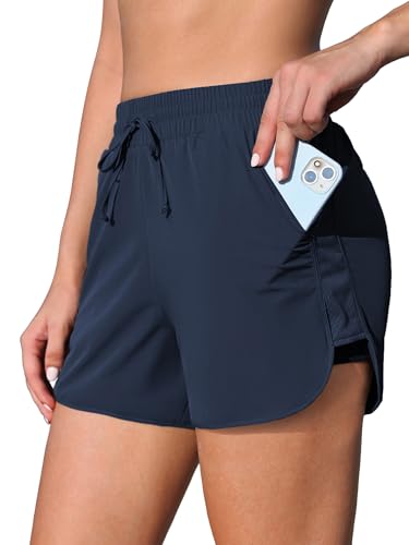 Image of ATTRACO Women's 3 inch High Waisted Swim Board Shorts Pleated Summer Beach Shorts with Pockets