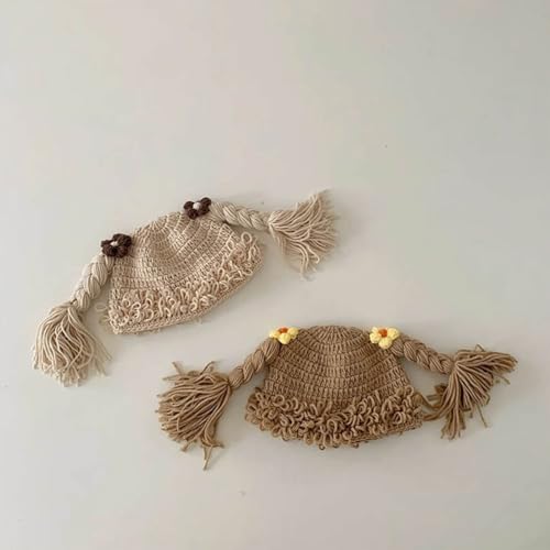 Pigtail Braid Crochet Knitted Winter Hat for Children Kids Aged 6-48 Months Bonnet Coffee4