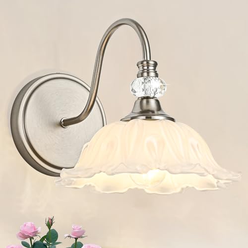Image of 1 Piece Brushed Nickel Wall Sconce with Floral White Glass Shade, Brushed Nickel Finish Wall Mount Lighting for Bathroom, Modern Bathroom Vanity Light Fixture