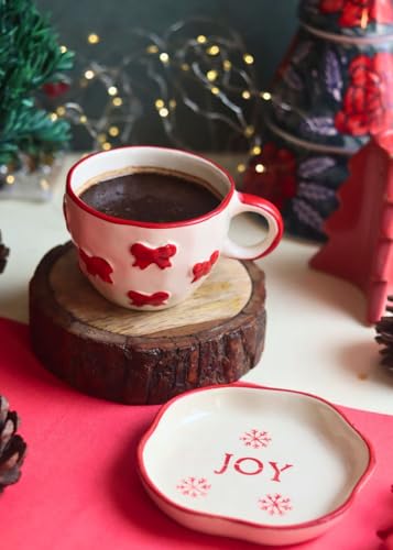 Image of WEAVING HOMES Handcrafted Ceramic Mug & Dessert Plate to Gift to Best Friend and Love Microwave Safe Bow Mug & Joy Handmade Dessert Plate (Set of 2, Multicolor)