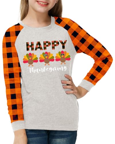 Image of Remimi Girls Thanksgiving Shirts Buffalo Plaid Raglan Tee Cute Turkey Holiday Party Long Sleeve Tshirt 5-14 Years