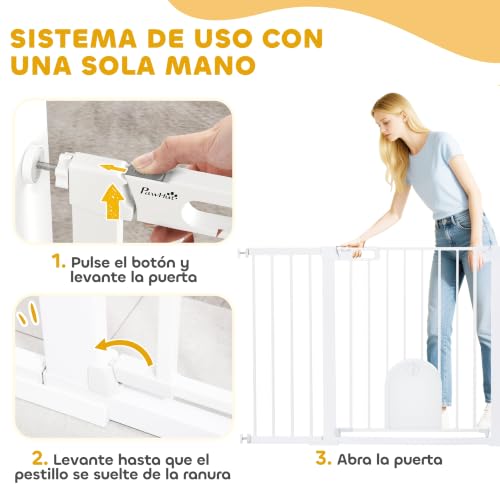 Miniatura 4 de Pawhut Barrera De Seguridad Para Perros Extensible 75-131 Cm, Para Puertas Y Escaleras, Barrera Para Perros Con Puerta Pequeña, 3 Extensiones, Montaje A Presión Y Doble Bloqueo, Blanco