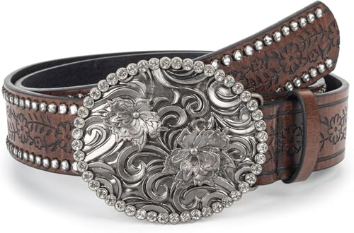 UTOWO Womens-Western-Belt Rhinestone-Cowgirl-Cowboy Belt - Embossed Flower PU-Leather Belt with Diamond Buckle(for 28-38