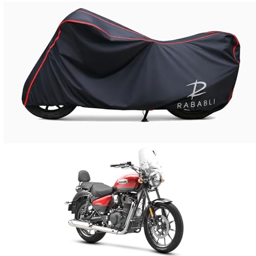 Image of Waterproof Bike Body Cover Compatible for | Royal Enfie Meteor 350 Fireball | Taffeta Fabric, Red Piping Design, Bottom Elastic Fit | Dustproof, Sun UV & Rain Protection for All Bikes