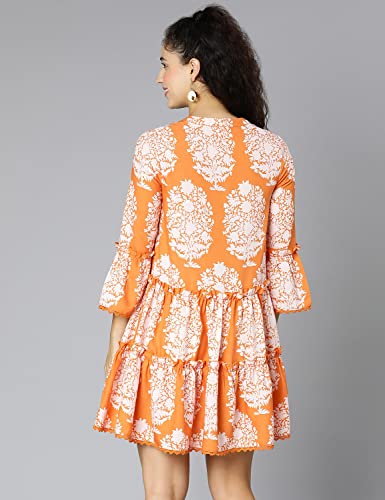 Image of oxolloxo Women Viscose Flared Regular Sleeves Floral Blue Casual Dress