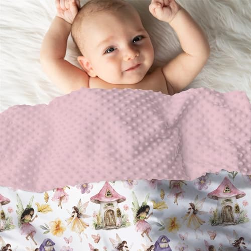 Image of Mink Baby Girl Blankets Pink Purple Fairy Tale Garden, Whimsical Magical World Soft Double Layer Dotted Backing Receiving Swaddle, Newborn Infant Toddler Nursery Crib Bedding Shower Gift 30x40