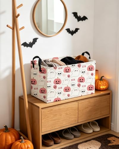 Image of Essme Rectangular Halloween Baskets,Pink Storage Box,Cute Basket for Kids Room Decor, Book Bins,Shelf Basket.(Pink Halloween