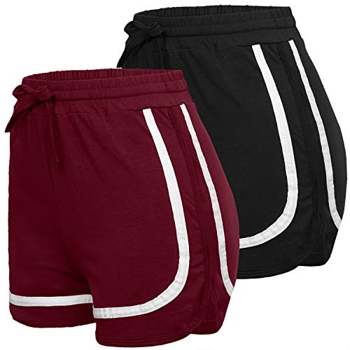 URATOT 2 Pack Casual Short Pants Cotton Sports Shorts Yoga Dance Running Shorts Black, Burgundy