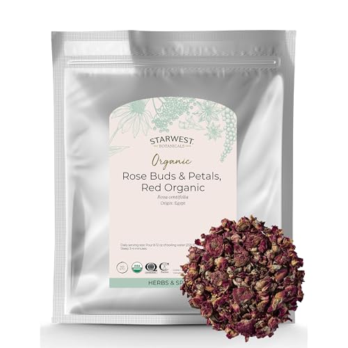 Starwest Botanicals Dried Red Rose Buds & Petals Organic - Edible Flower for Tea, Baking, & Cooking, Use for Soap or Lotions, Certified Kosher, Non-GMO - Bulk 1 lb Bag