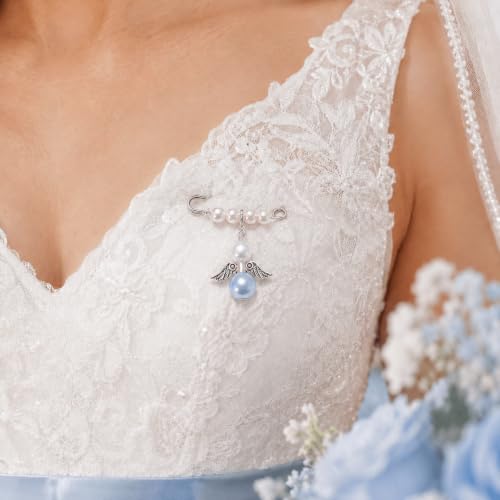 Image of MIXJOY Something Blue Gift for Bride, Wedding Day Bridal Blue Pearl Angel Wings Bouquet Garter Charm for Bride to Be