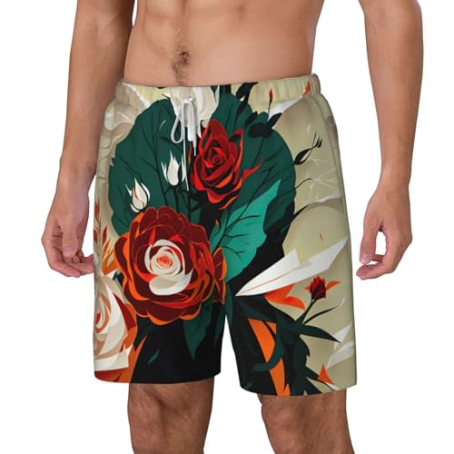 Red Rose Floral Men's Soft Double Swim Shorts, Lounge Swiming Shorts Pants Breathable Summer2