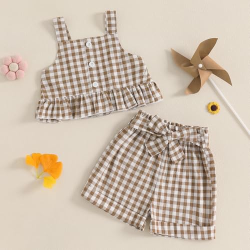 Toddler Girl Outfits Set Ruffled Button Strap Crop Tops Plaid Shorts Set Matching Bowknot Belt Summer Clothes Set3