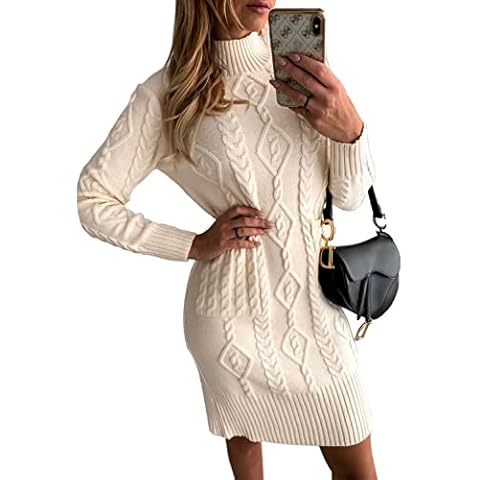 Reukree Women's Autumn Turtleneck Puff Sleeve Knitted Bodycon Mini Pullover Casual Sweater Dress Club Party Dress Work Dress Beige Large Cover