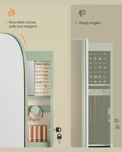 Image of SONGMICS HOME Jewelry Armoire, Mirror Jewelry Cabinet, Full Length Mirror with Storage, Wall or Over The Door Jewelry Organizer Cabinet, Built-in LED, Lockable Armoire, Green