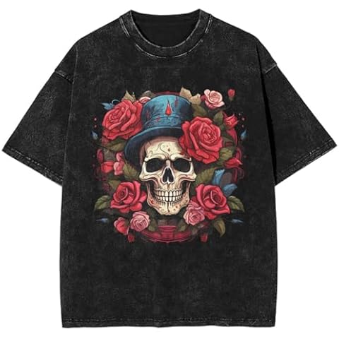 Chaos World Oversized Tshirts for Women Graphic Tees Womens Tops Vintage Shirts Rose Skull Print Plus Size (Small,Blue Red) Cover