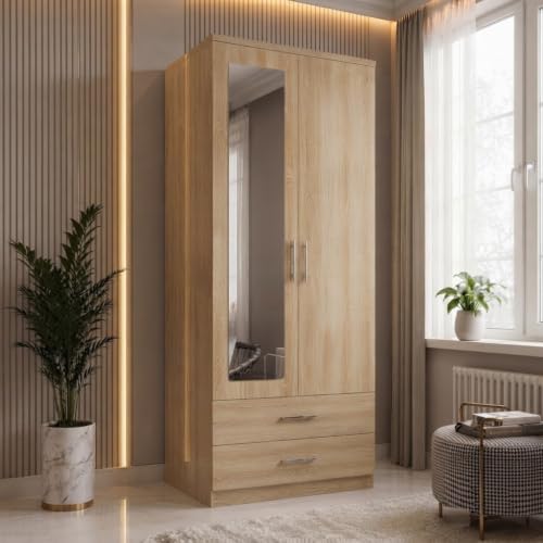 Image of AM MALL 2 Door Mirror Wardrobe High Gloss Fully Assembled Bedroom Furniture Robe with Drawers & Dual Hanging Rails, Oak