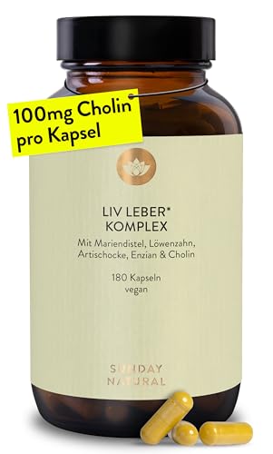 SUNDAY NATURAL® Mariendistel Artischocke Löwenzahn - 180 Cholin Kapseln - Leber Komplex mit 80% Silymarin & 100mg Cholin - Hochdosiert, vegan, laborgeprüft in Deutschland
