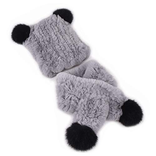 2Pcs Kids Winter Genuine Rex Rabbit Hair Knitted Hat+Scarf Set High Elasticity Cap Warm for 2-8 Year Old Boys Girls (Gray)