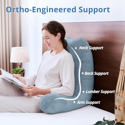 Image of Sasttie Reading Pillow for Bed, Back Pillow for Sitting Up, Greyish Blue | 25 inch Backrest Support Cushion for Couch, Sofa, and Floor, Dorm Essentials, OEKO-TEX, Adjustable Down Alternative Fill