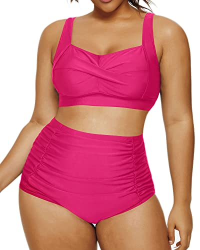 Daci Women Plus Size Bikini High Waisted Vintage Twist Front Tummy Control Two Piece Swimsuits Hot Pink XXL