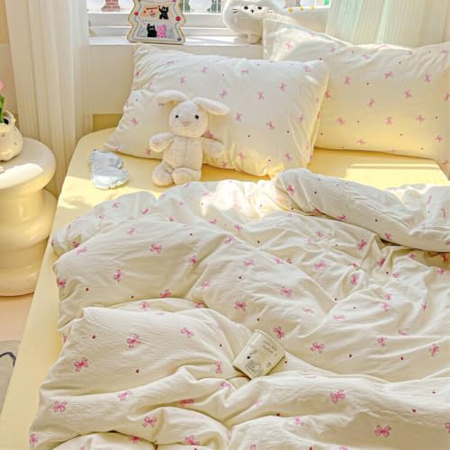 Michorinee Housse de Couette 200x200 Rose Noeud Papillon Parure de Lit Adulte 2 Personnes Coeur Beige 110g/m² Microfibre Ensemble de lit avec Fermeture Éclair et 2 Taies d'oreiller 65x65 cm