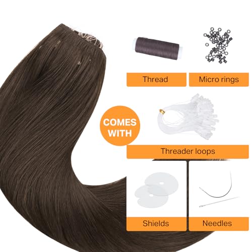 Image of DOORES Micro Beaded Remy Hair Extensions Hand Tied, 18 Inch 100g Chocolate Brown Real Human Hair Weft Extensions