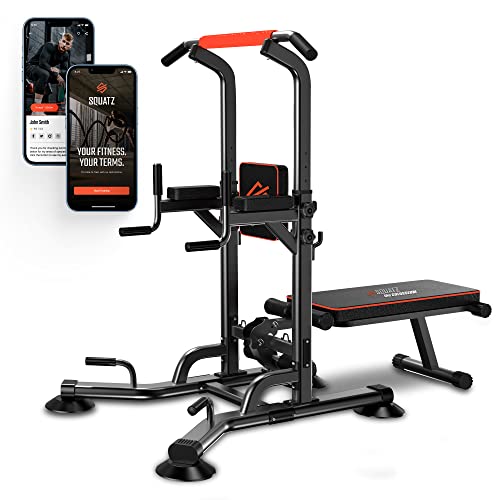 SQUATZ Pull-Up Workout Station with Bench - Multifunctional Gym Equipment Setup w/ Pulling Bar, Sit-Up Board, Backrest, Elbow Pad, & Steel Main Frame, Great for Home Exercise and Weight Training