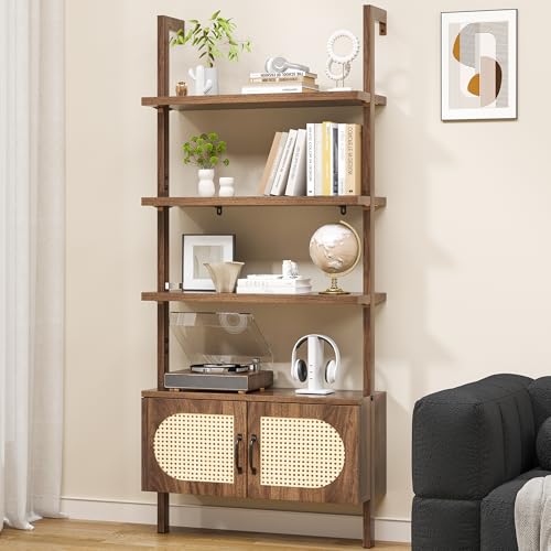 Industrial Bookshelf Ladder, Heavy Duty Rustic Brown Wood and Metal Bookcase with 1
