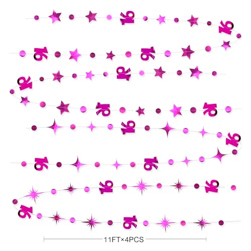 Image of Hot Pink Number 16 Circle Dot Twinkle Star Garland Hanging Streamer Bunting Banner Backdrop Decorations for Girls Happy 16th Birthday Sweet Sixteen 16th Anniversary Cheers to 16 Years Party Decor