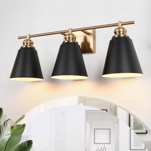 Image of 23-Inch 3-Light Black and Gold Farmhouse Bathroom Vanity Light | Metal shades, white interiors, 3 E26 sockets (60W max, no bulbs), dimmable, ETL listed, hardware, for mirror & bedroom