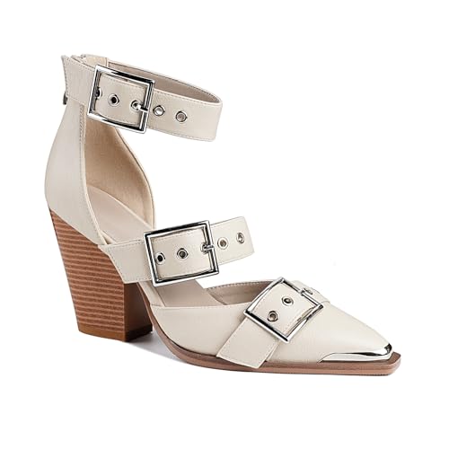 Western Sandals for Women Chunky Wedge Heels Pointed Toe Pumps Ankle Strap Metal Buckle Strappy Heels Comfortable Fashion Casual Dress Shoes4