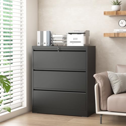 Yukimo Lateral File Cabinet with Lock, 3 Drawer Metal File Cabinets for Home Office, Large Filing...