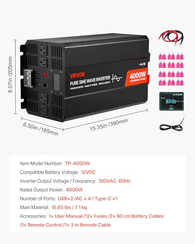 Image of VEVOR 4000W Power Inverter, 12V DC to 120V AC Pure Sine Wave Inverter, Solar Car Charger Converter with LCD Display, Remote Control, 2 USB Ports, 4 AC Outlets, Type-C Port, for RV, Truck Outdoor