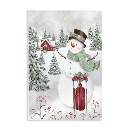 Cheerful Snowman Red Sleigh, 13 x 19 Inch Mounted Print on Wall Plaque