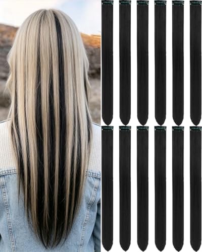 Olldag 12 PCS Black Hair Extensions Clip-in Accessories for Teen Women Gift