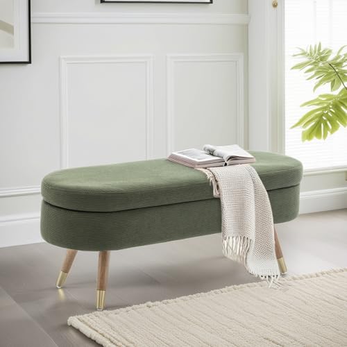 IAFIKE Oval Storage Bench 43.5 Ottoman Bench Upholstered Boucle Fabric Footrest Bench with Golden Metal Legs End of Bed for Bedroom Living Room Entryway Bed Side (Dark Green)