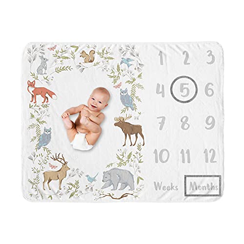 Image of Sweet Jojo Designs Woodland Animal Toile Boy Girl Milestone Blanket Monthly Newborn First Year Growth Mat Baby Shower Memory Keepsake Gift Picture -Grey Green Brown Forest Bear Deer Fox Owl Bunny Bird