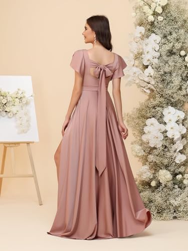 RSOETOO Short Sleeves Bridesmaid Dresses for Women 2025 Chiffon Long V Neck Formal Party Dress with Slit RO3592