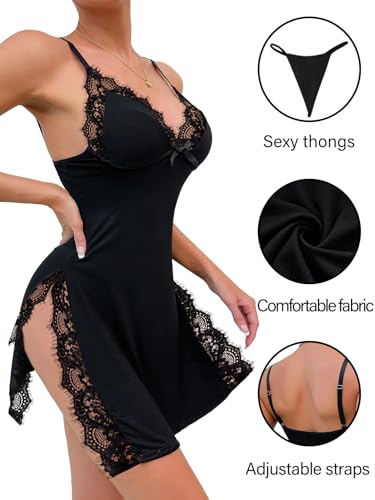 Image of Foxiny Sexy Split Side Floral Lace Trim Full Slip Night Gown Babydoll Lingerie Dress with Thong 2 piece