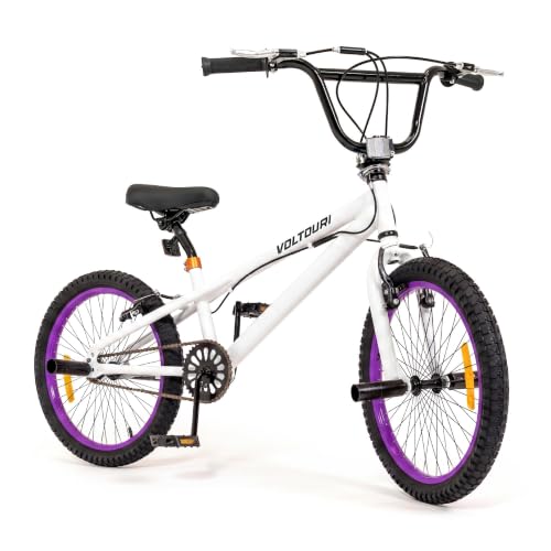 THUNDER Bicicleta BMX Volta 20' – Freestyle para niños de 7–13 años (110–140 cm). 1 Velocidad, Freno V, Rotor, 4 pegs, Cuadro de Acero 11', neumáticos 20x2.4. (Blanco)