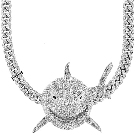 Xikui Diamond Necklace Chain, 18K Gold Plated Hip Hop Shark Pendant with Cuban Chain Width 13MM Length 19.7in(50cm) for Men/Women(silver)