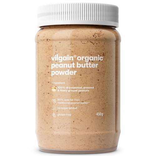 Vilgain Organic Peanut Butter Powder (450g) Fine – Erdnussmus Pulver Fettreduziert & Proteinreich, Bio Erdnussbutterpulver Vegan Ohne Zuckerzusatz, Glutenfrei Für Shakes & Backen